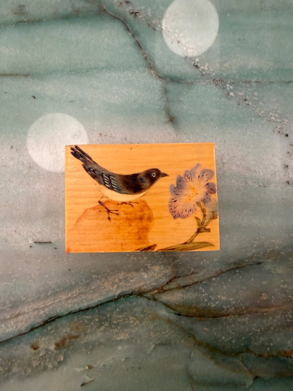 Vintage Hand-Painted Blue Bird Wooden Trinket Box